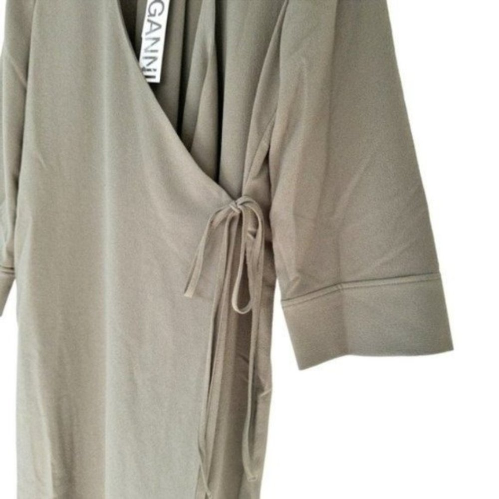 Ganni Heavy Crepe Army Green Tie Waist Wrap Midi Dress Size 36 - Picture 5 of 12